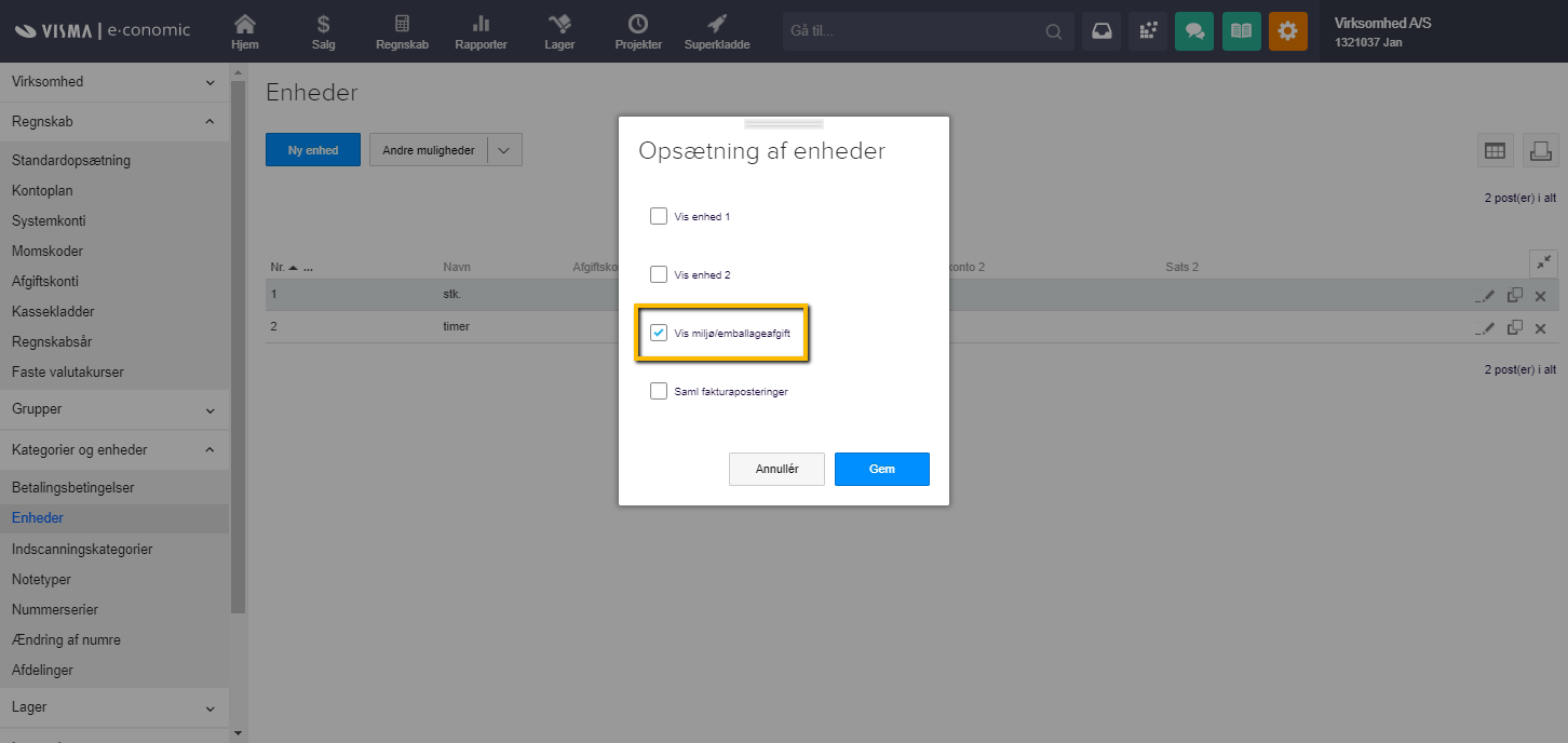 Viser flueben i 'Vis miljø/emballageafgift' i 'Opsætning af enheder' – bruges til at opsætte miljø-/emballageafgift.