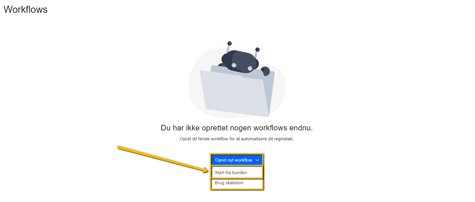 Viser dropdown-menuen "Opret nyt workflow" med valgmuligheden "Start fra bunden" i Workflows-modulet – bruges til at oprette et nyt bilagsworkflow fra bunden.