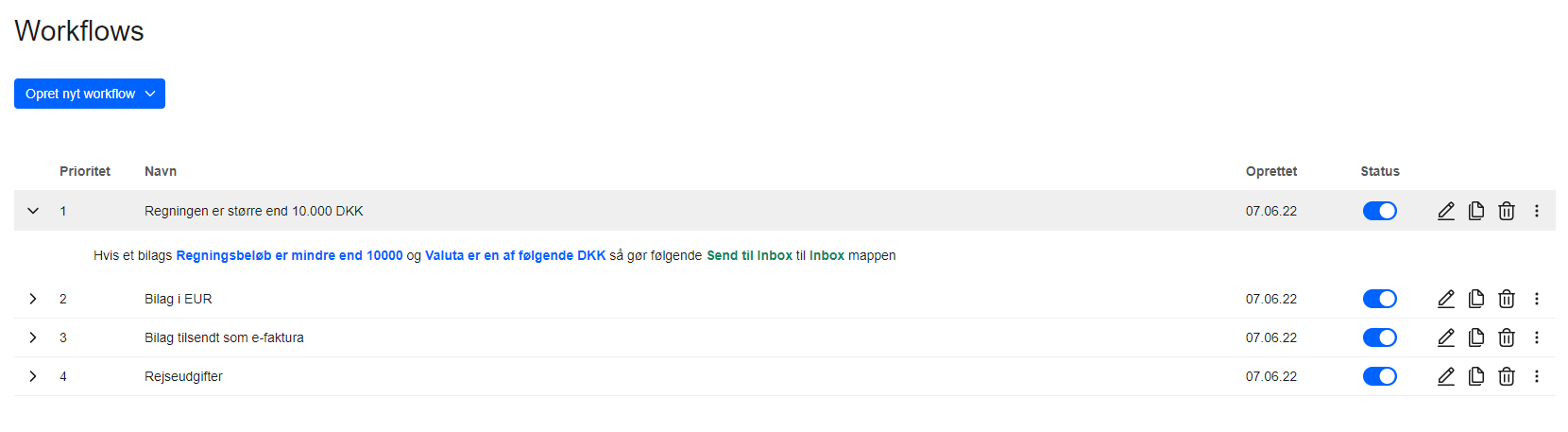 Viser oversigten over Bilag Workflows i Workflows-sektionen – bruges til at administrere, prioritere og få overblik over automatiske regler for bilag.