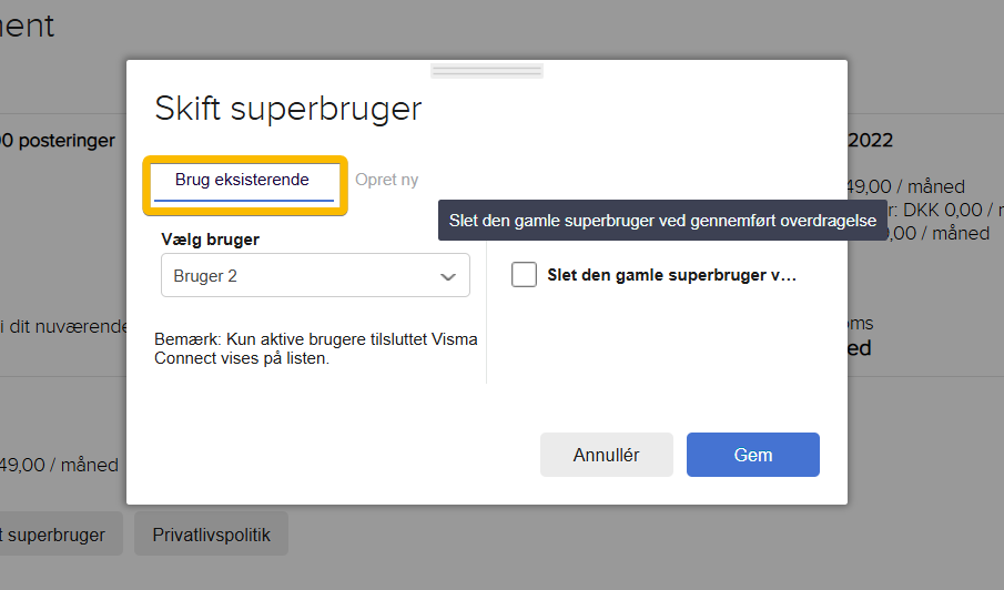 Viser dialogboksen 'Skift superbruger' i brugeradministration – bruges til at overdrage superbruger-rollen til en eksisterende bruger.