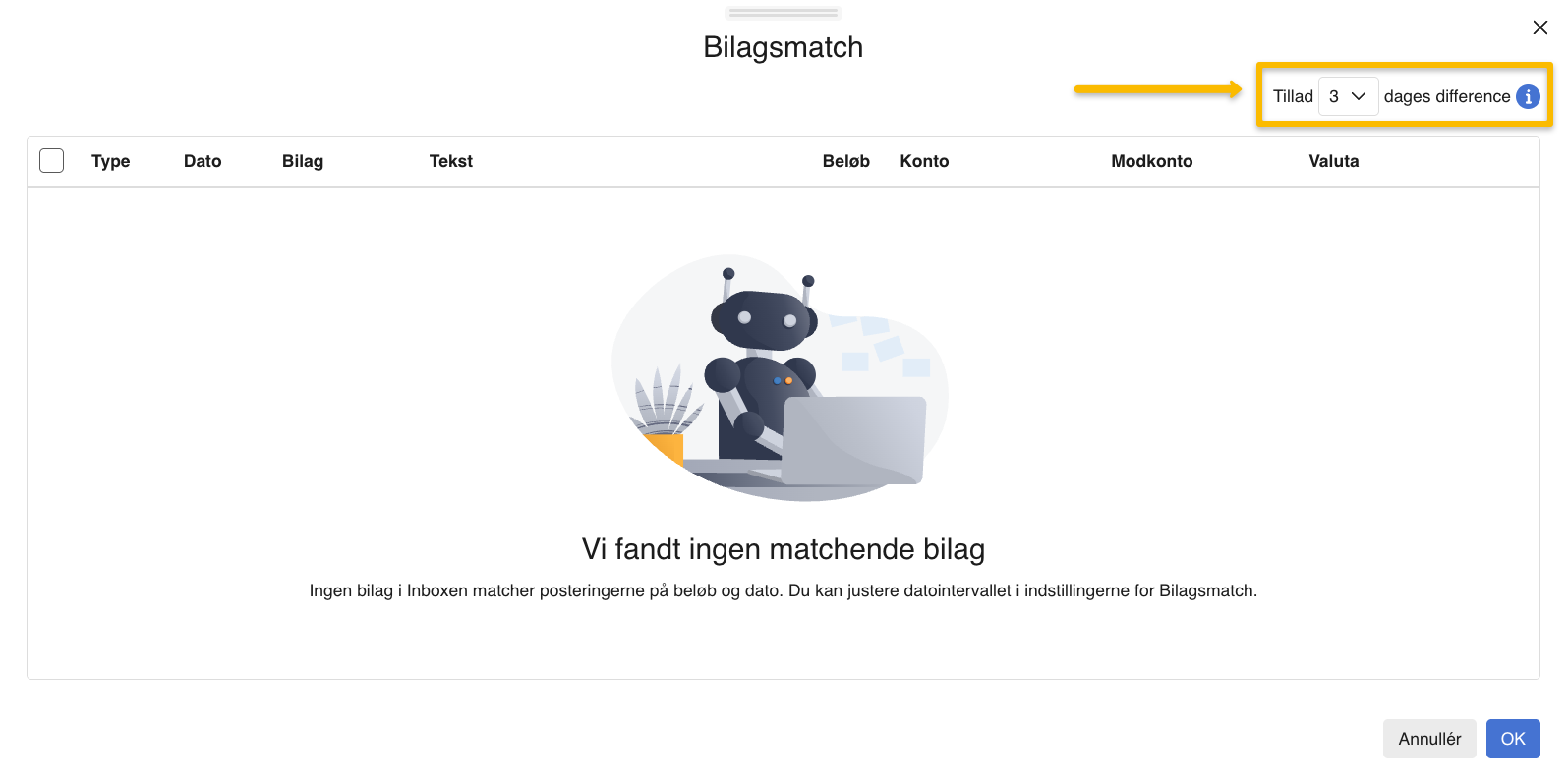 Viser indstilling for tilladt datoforskel i Bilagsmatch – bruges til at justere hvor mange dage der må være mellem postering og bilag ved automatisk match.