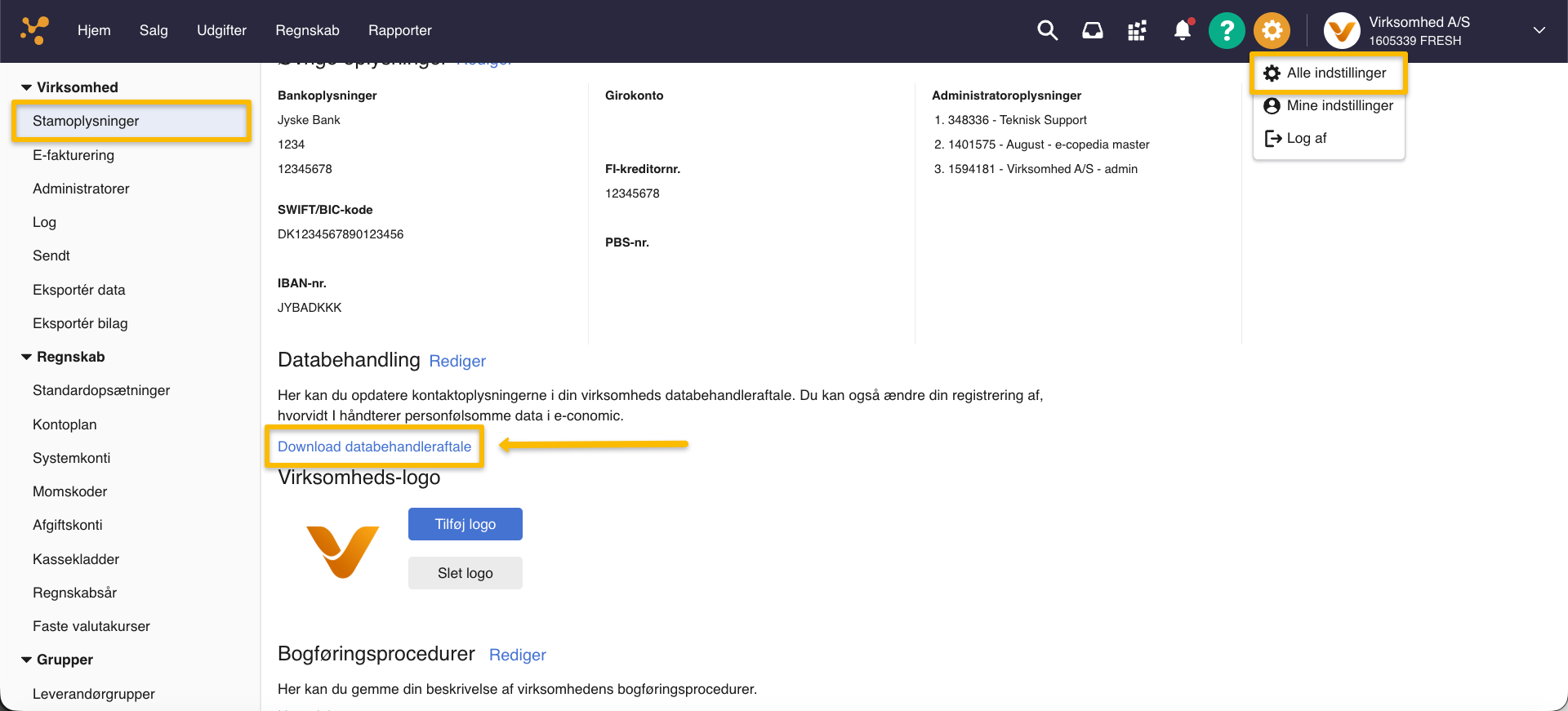 Viser knappen Download databehandleraftale under Stamoplysninger i Virksomhed – bruges til at hente virksomhedens databehandleraftale i e-conomic.