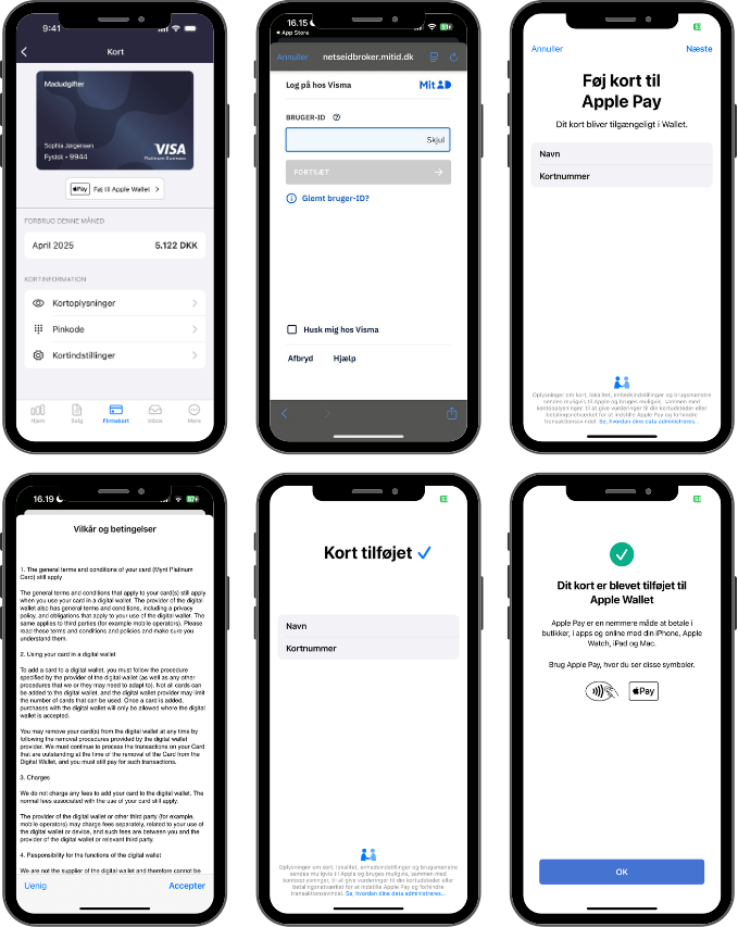 Viser processen i mobilappen fra kortoversigt til tilføjelse af kort i Apple Wallet – bruges til at registrere og godkende et betalingskort til Apple Pay via MitID og acceptere vilkår**.**