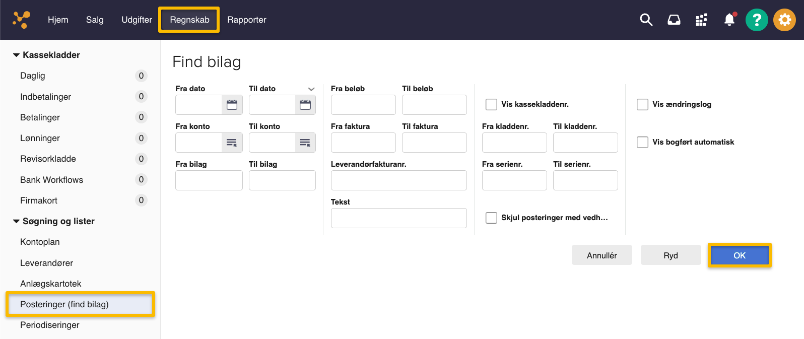 Viser søgefelter til filtrering af bilag i regnskabsmodulet – bruges til at finde specifikke posteringer