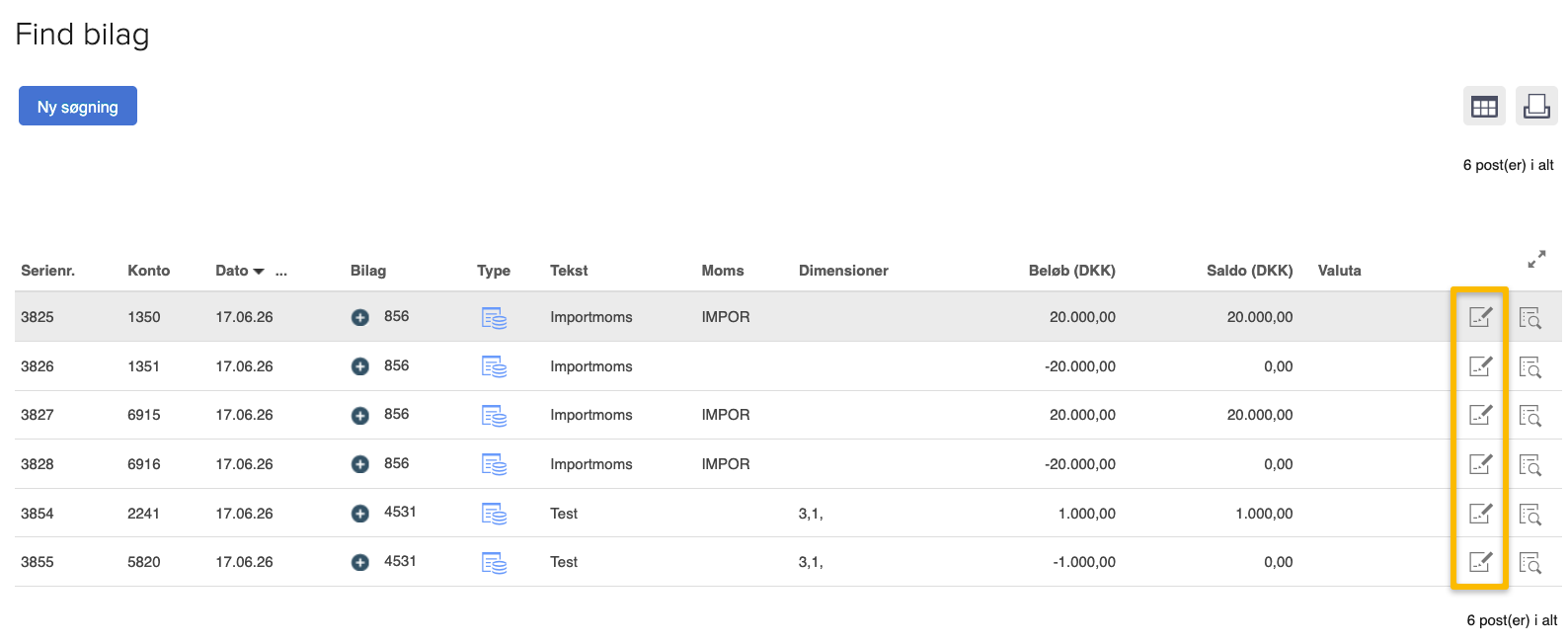 Viser liste med fundne posteringer i regnskabsmodulet – bruges til at gennemgå og åbne detaljer for bilag