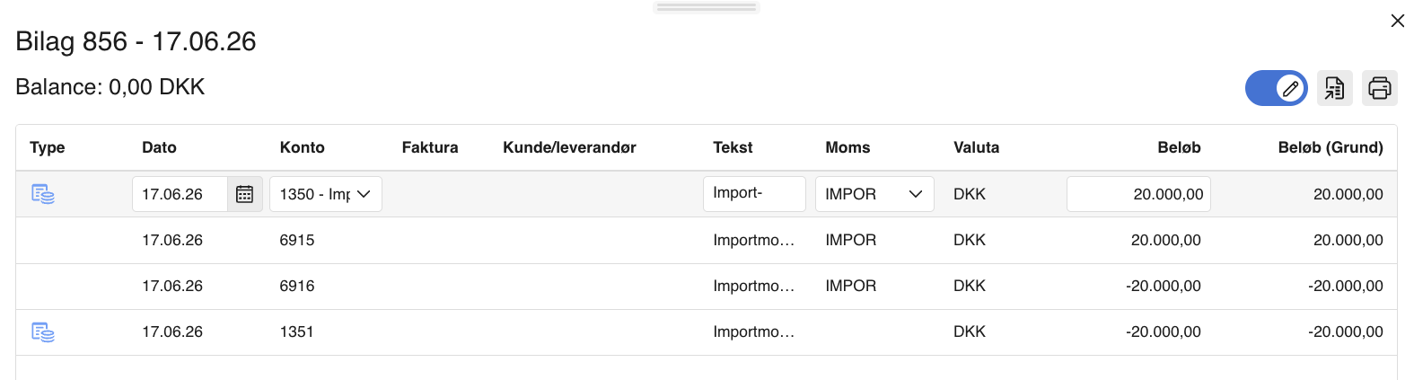 Viser detaljerede posteringer for et bilag i regnskabsmodulet – bruges til at gennemgå og redigere bilagets linjer