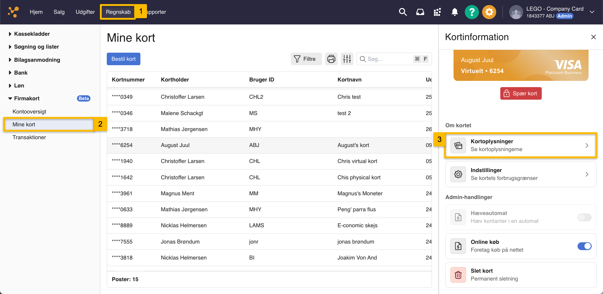 Viser kortinformation i Firmakort under Regnskab – bruges til at se kortoplysninger og administrere indstillinger for valgt kort