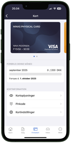 Viser oversigt over firmakort i Kort-modulet – bruges til at se kortoplysninger, forbrug og administrere indstillinger